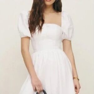 Reformation Navy Midi Dress with Puff Sleeves